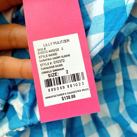 🐬 LILLY PULITZER SARAFINA TURQUOISE OASIS CRINKLE GINGHAM SHORT SLEEVE TOP! - Picture 10 of 15
